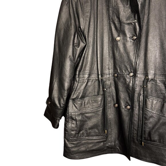 Vintage 90s Black Leather Coat, Quilted Lining, Genuine Leather, Oversized Parka - Picture 2 of 7